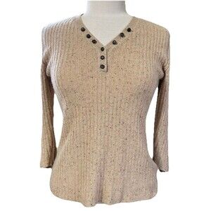 One Girl Who Anthropologie Cashmere Pullover Sweater Top Vneck Sz M Tan Buttons